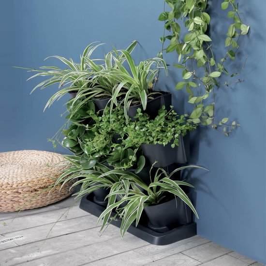 Donkergrijze verticale tuinpotten gevuld met groene planten, met een klimplant die naar beneden hangt.