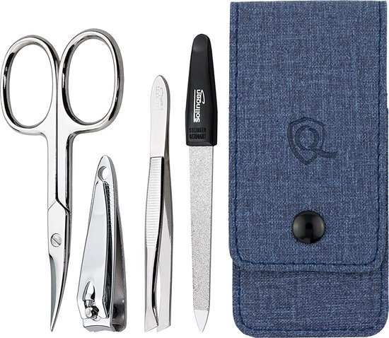 marQus Solingen Germany Set de manucure - 4 pièces comprenant des ciseaux, une lime à ongles, un coupe-ongles et une pince à épiler - avec étui - parfait pour lui ou pour elle - à la maison ou en voyage , Jeans Color