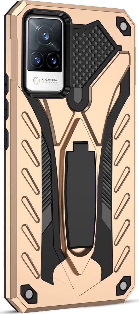 Mobigear Hoesje geschikt voor Vivo V21 Telefoonhoesje Hardcase | Mobigear Armor Stand Backcover Shockproof met Standaard | Schokbestendig V21 Telefoonhoesje | Anti Shock Proof - Goud
