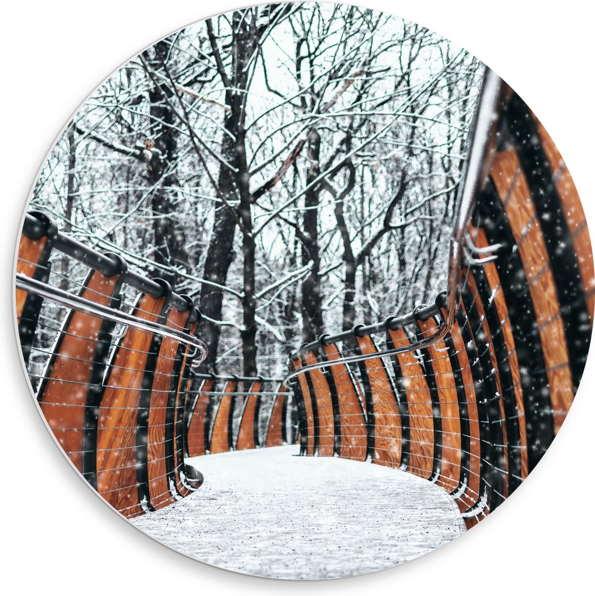 PVC Schuimplaat Muurcirkel - Hekwerk in Ondergesneeuwd Bos - 50x50 cm Foto op Muurcirkel (