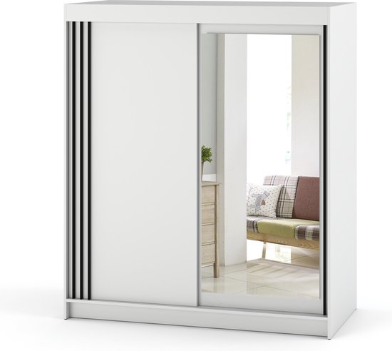 Easy4You D1 120 cm wit schuifdeuren kledingkast 120 x 200 x 58 cm met spiegel - slaapkamermeubels, opslag - multifunctionele kast