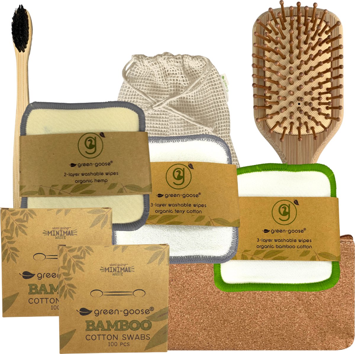 green-goose® Duurzaam Verzorgingspakket Murray | 8-delig | 15 Herbruikbare Wattenschijfjes | Bamboe Massage Haarborstel | Bamboe Wattenstaafjes | Bamboe Tandenborstel | Kurk Make-up Etui