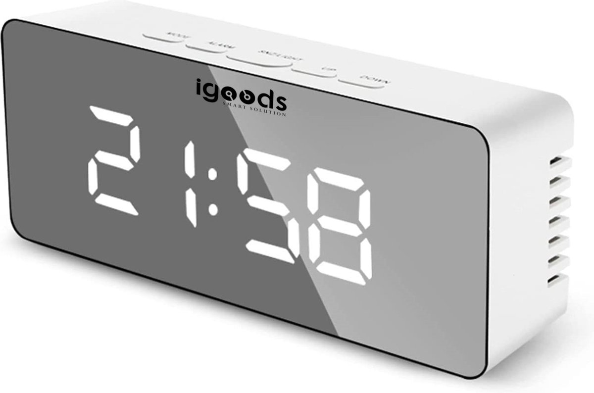 Igoods Wekker Met Spiegel - Spiegelklok - Digitale LED klok - LED Alarmklok