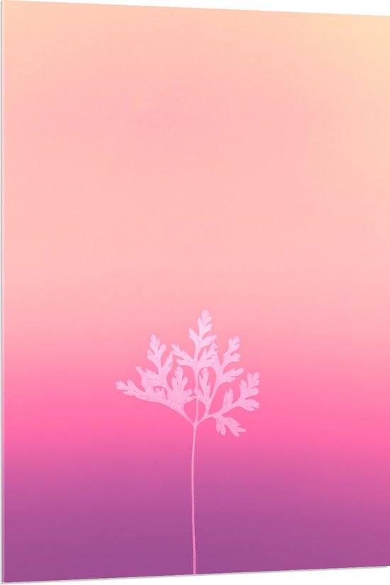 Acrylglas - Wit Silhouet van Blad aan Tak tegen Achtergrond in Roze Tinten - 80x120 cm Foto op Acrylglas (Wanddecoratie op Acrylaat)