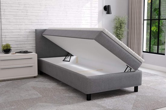 Boxspring Met opbergruimte Erolla - 90x200 cm eenpersoons - grijs stof - zetelsenbedden - Compleet bed met matras en topper - bed storage