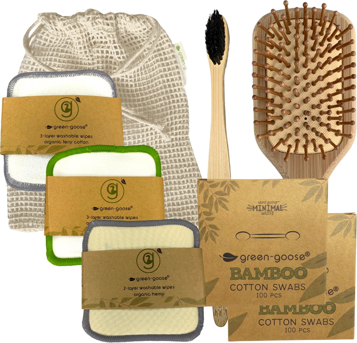 green-goose® Duurzaam Verzorgingspakket Amur | 8-delig | 15 Herbruikbare Wattenschijfjes | Bamboe Massage Haarborstel | Bamboe Wattenstaafjes | Bamboe Tandenborstel