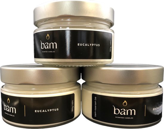 BAM kaarsen - 3 geurkaarsen - eucalyptus - 40 branduren per kaars - op basis van zonnebloemwas - moederdag - cadeau - vegan