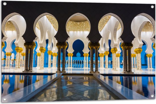 Tuinposter – Prachtig Versierde Binnenkant van Sjeik Zayed Moskee in Abu Dhabi - 105x70 cm Foto op Tuinposter (wanddecoratie voor buiten en binnen)