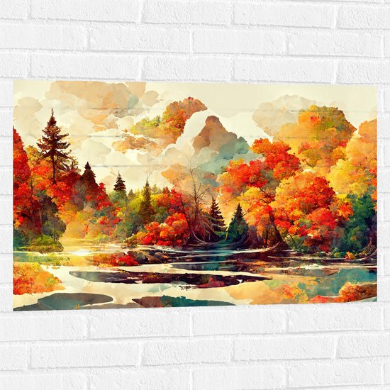 Muursticker - Schilderij van een Landschap tijdens de Herfst - 90x60 cm Foto op Muursticker