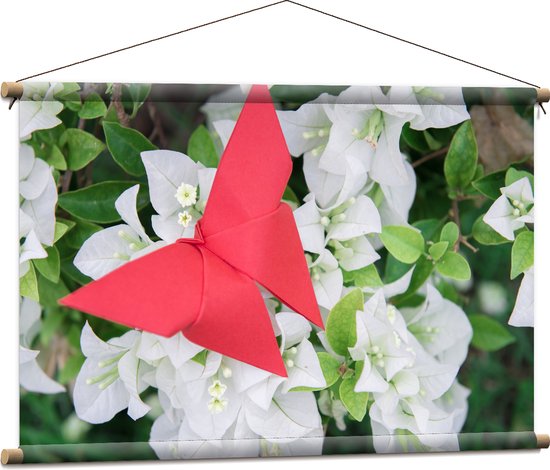 Textielposter - Rode Origami Vlinder op Witte Bloeiende Bloemen - 90x60 cm Foto op Textiel