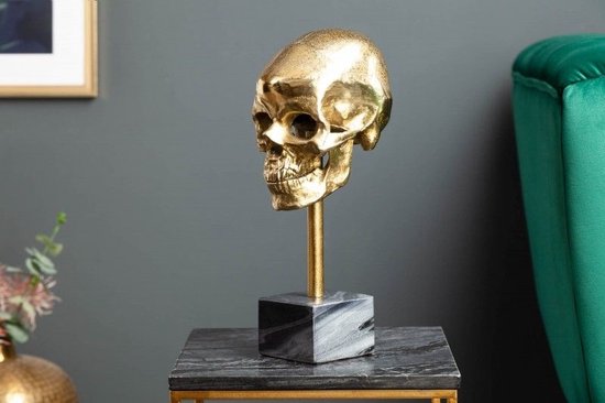 Elegant sculptuur SKULL 35cm gouden schedel met marmeren voet - 40908