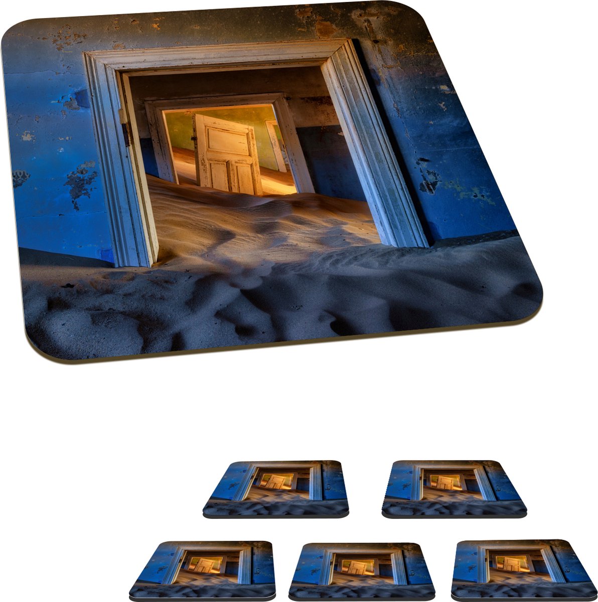 Onderzetters voor glazen - Zand - Blauw - Deur - Architectuur - 10x10 cm - Glasonderzetters - 6 stuks
