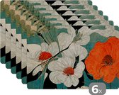 Placemat - Placemats kunststof - Bloemen - Planten - Vintage - Azië - Oranje - 45x30 cm - 6 stuks - Hittebestendig - Anti-Slip - Onderlegger - Afneembaar