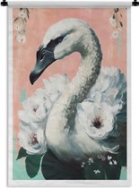 Wandkleed - Wanddoek - Zwaan - Dieren - Bloemen - Pastel - Wit - 60x90 cm - Wandtapijt