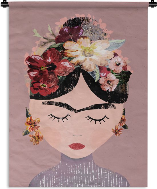 Wandkleed - Wanddoek - Pastel - Vrouw - Bloemen - Kunst - Frida Kahlo - 60x80 cm - Wandtapijt