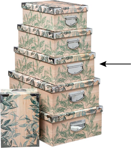 5Five Opbergdoos/box - Green leafs print op hout - L40 x B26.5 x H14 cm - Stevig karton - Leafsbox