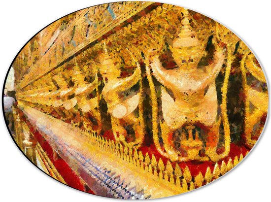 Dibond Ovaal - Schilderij van Beelden in de Tempel van de Smaragdgroene Boeddha in Bangkok, Thailand - 40x30 cm Foto op Ovaal (Met Ophangsysteem)