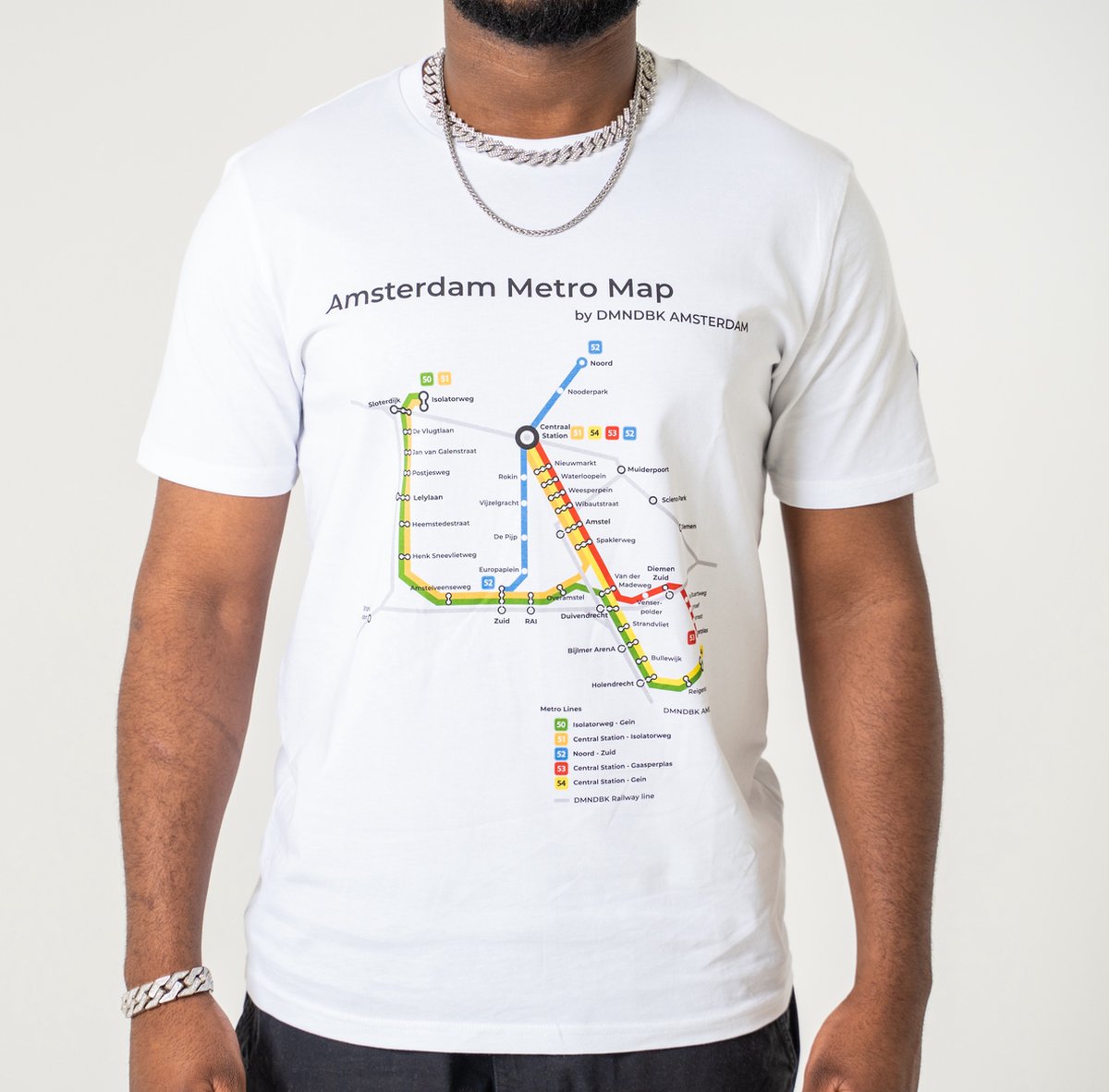 DMNDBK AMSTERDAM - Heren t-shirt - wit - Amsterdam metro map - maat M