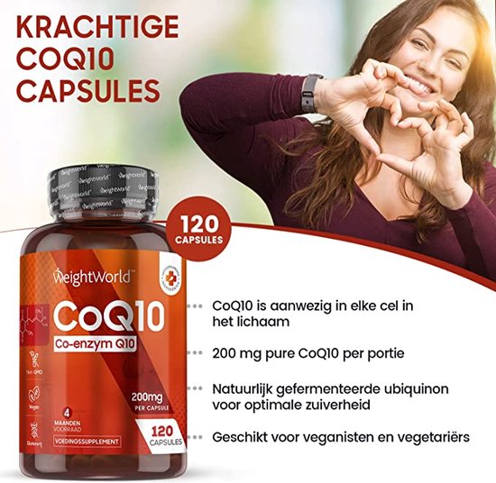 WeightWorld Co Enzym Q10 CoQ10 - 200mg - 120 vegan capsules voor 4 maanden voorraad - Weight World