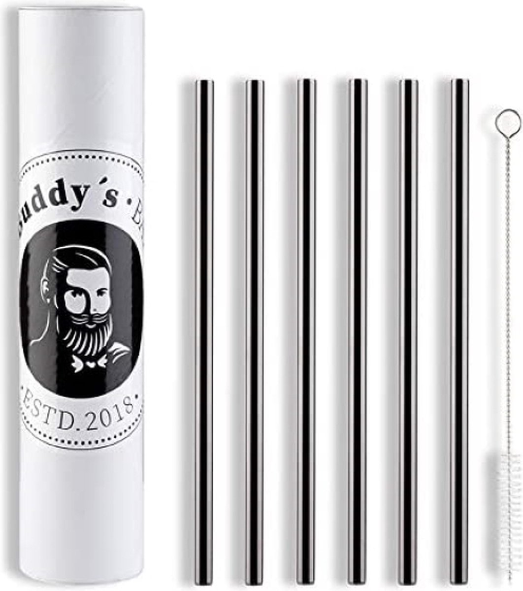 Buddy's Bar - herbruikbare RVS rietjes recht - 10 stuks 21,5 cm - gunmetal - inclusief schoonmaakborstel