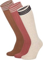 Apollo - Kniesokken - Girls - 3-pack - Beige - Roze - Bruin - Gestreept - Maat 31/34