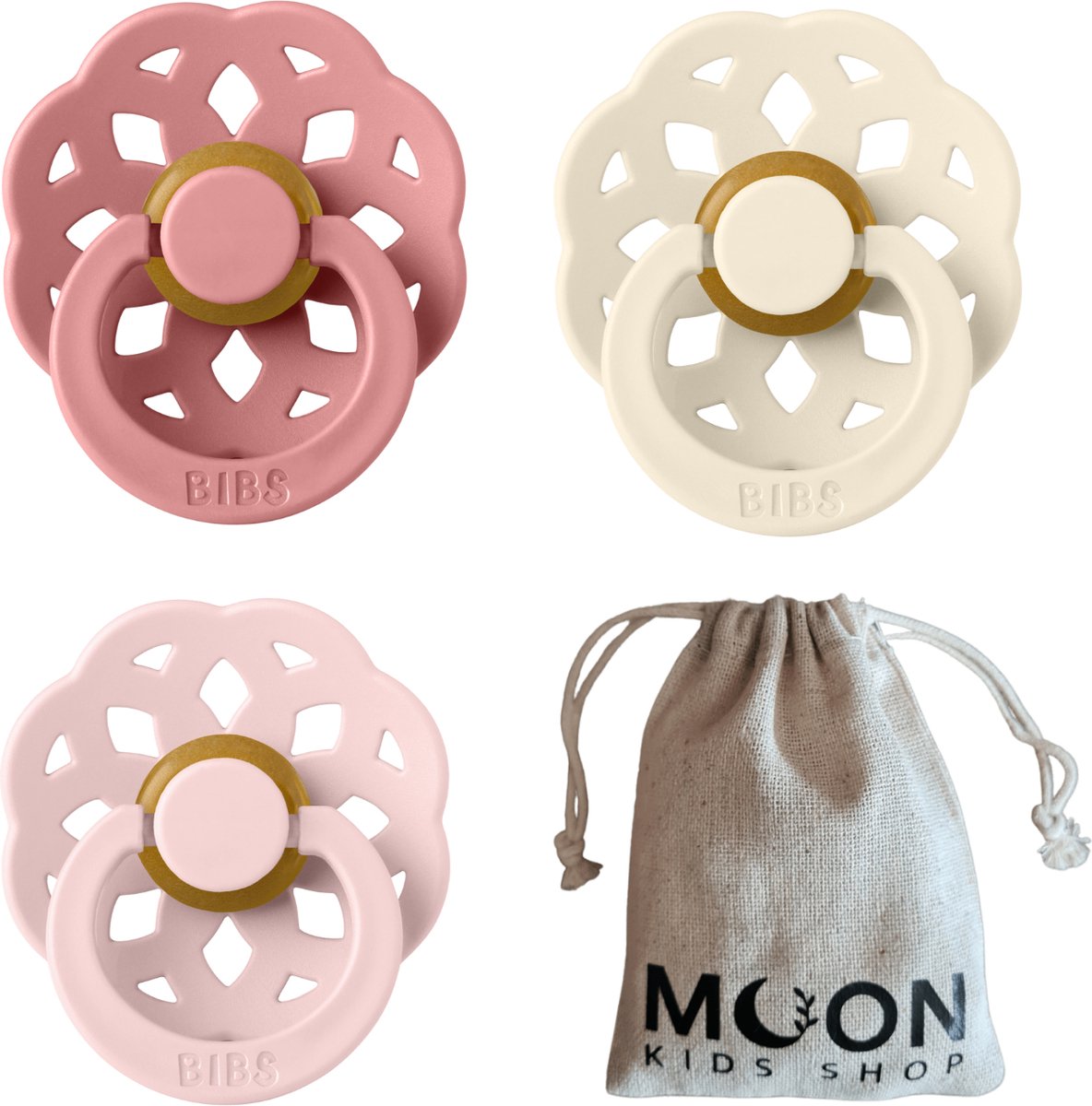 Goedkoopste BIBS Boheme set | Dusty Pink, Blush en Ivory | Met speenzakje Moon Kids Shop | Maat 2 | Leeftijd 6 tot 18 maanden