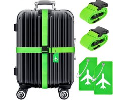BOTC Kofferriem met Kofferlabel - 4-Delig Kofferband set - 2 Kofferband en 2 Bagagelabel - bagageriemen - Bagageband - Verstelbaar - Groen