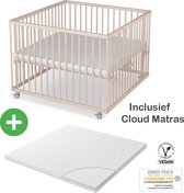 Premium Baby Box - kinderbox - 100x100cm - Nature - Incl. matras - In hoogte verstelbare bodem - Met Wielen - massief beukenhout - SÄMANN