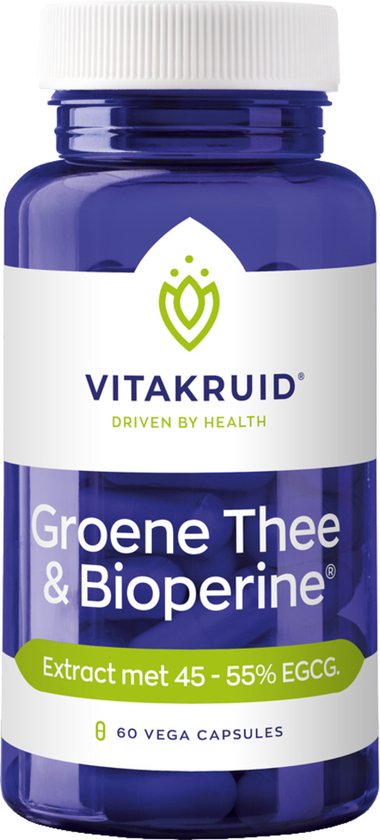 Blauwe pot met wit etiket van Vitakruid. Bevat 'Groene Thee & Bioperine' en '60 VEGAN CAPSULES'.
