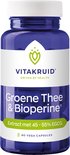 Blauwe pot met wit etiket van Vitakruid. Bevat 'Groene Thee & Bioperine' en '60 VEGAN CAPSULES'.