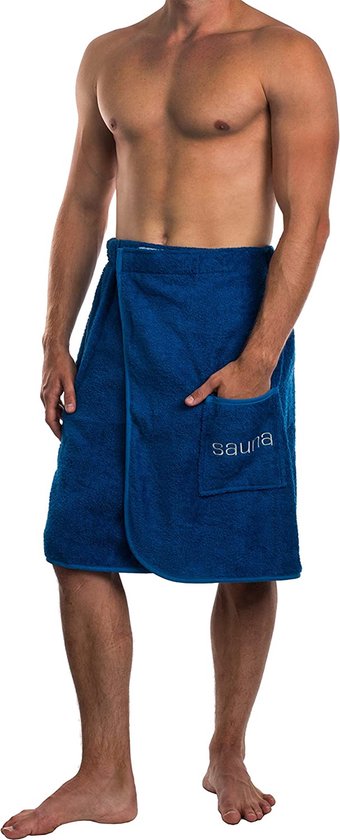 Sowel® Paréo De Sauna Homme 100% Coton - Serviette Avec Fermeture Velcro Et Poche Secrète, 60x140 Cm, Gris/Bleu