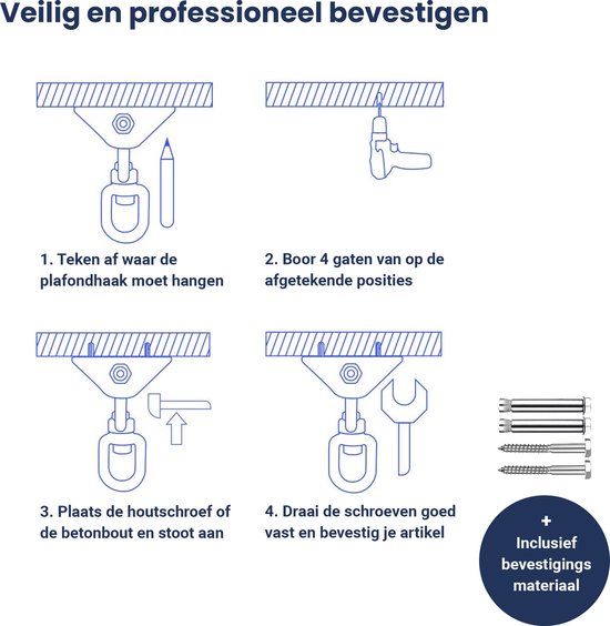 Instructies voor het monteren van de plafondhaak met bouten en schroeven.