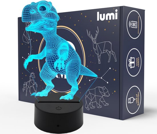 Lampe 3D Lumi - 16 Couleurs - Dinosaurus - Illusion LED - Lampe de Bureau - Veilleuse - Lampe d'ambiance - Dimmable - USB ou Piles - Télécommande - Cadeau pour Garçons - Enfants
