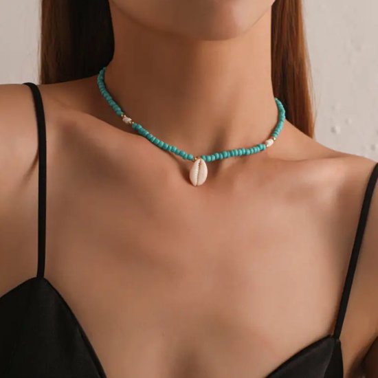 Leerella Boho Shell Charm Blue Perles Necklace Blauw with Shell Pendant - Colliers - Choker uni perles - Saint Valentin - Fête des Mères - Cadeaux.