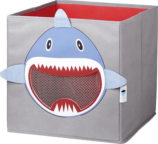 Opbergdoos met deksel - Stoffen doos - Met venster, stevig - Grijs met haai - 30x30x30 cm