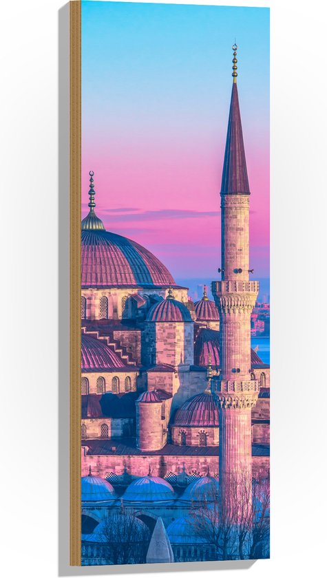 Hout - Sultan Ahmetmoskee in Istanbul met Roze Blauwe Lucht - 30x90 cm - 9 mm dik - Foto op Hout (Met Ophangsysteem)
