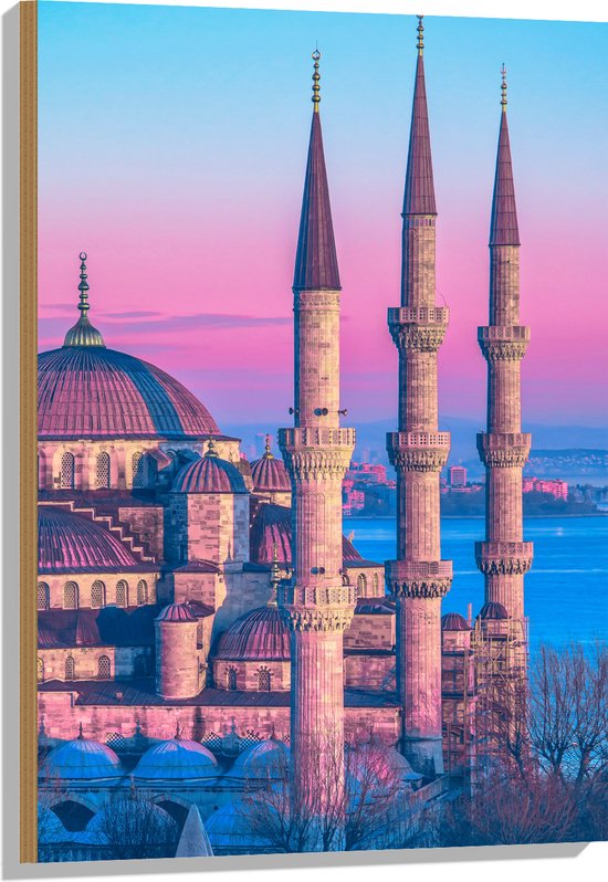 Hout - Sultan Ahmetmoskee in Istanbul met Roze Blauwe Lucht - 60x90 cm - 9 mm dik - Foto op Hout (Met Ophangsysteem)