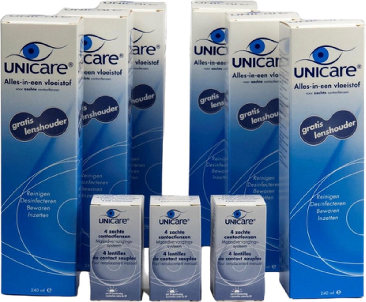 Unicare 6 maanden pakket -2,25 - 12 maandlenzen + 6 flessen lenzenvloeistof - voordeelverpakking