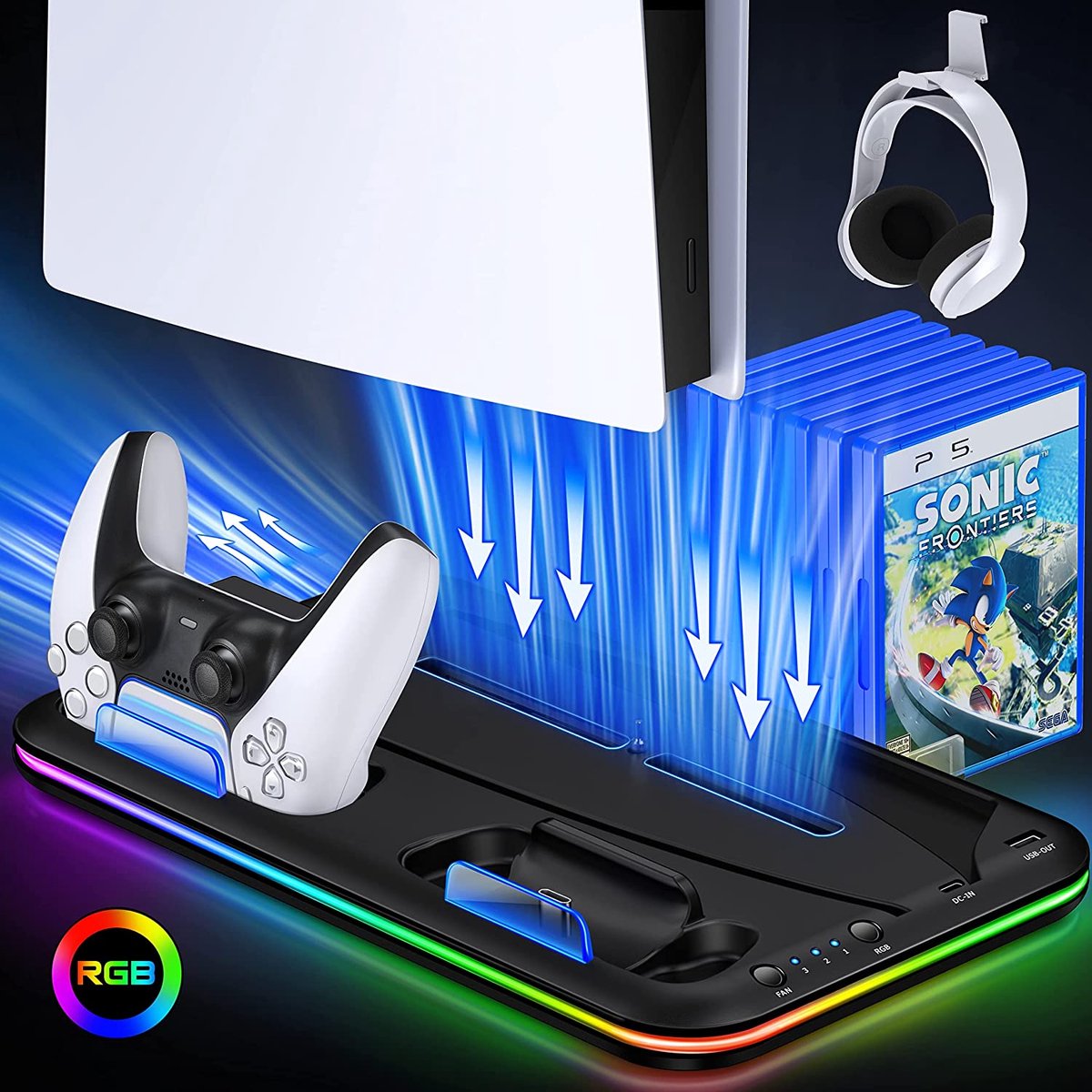 Phreeze PS5 Oplaadstation - Oplaadstation met Dualsense Charging, Verstelbare Ventilatie, RGB Verlichting, Headset & Game Houders - Compatibel met Playstation 5 Disc en Digital Editions