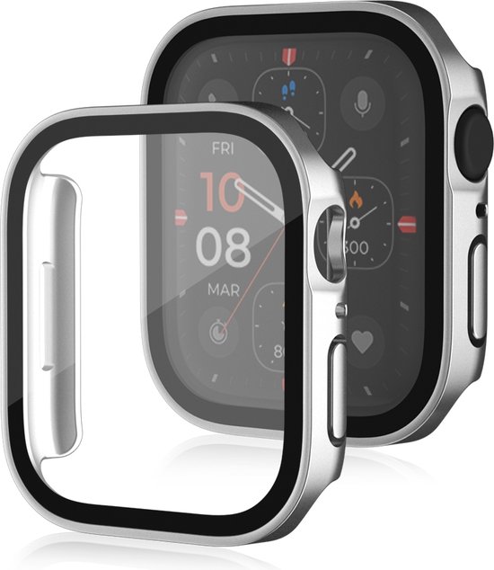 Zilverkleurig Apple Watch hoesje met zwarte rand naast een horloge met een zilverkleurige rand en zwart scherm.