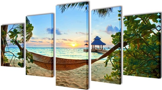 vidaXL - Canvas - muurdruk - set - zandstrand - met - hangmat - 200 - x - 100 - cm