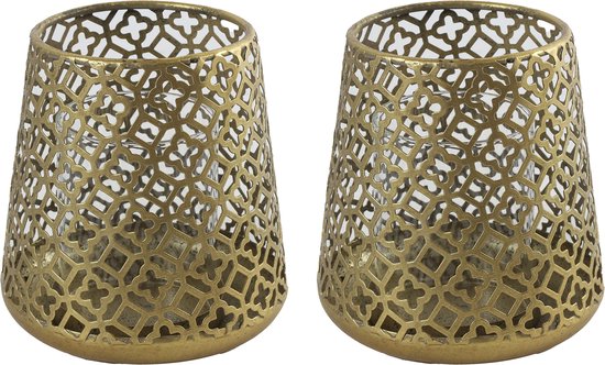 Countryfield Luxe theelichthouder - 2x stuks - Morocco - metaal - goud kleur - D10 x H11 cm