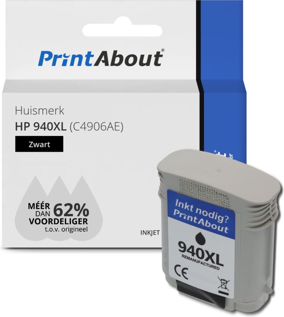 PrintAbout huismerk Inktcartridge 940XL (C4906AE) Zwart Hoge capaciteit geschikt voor HP