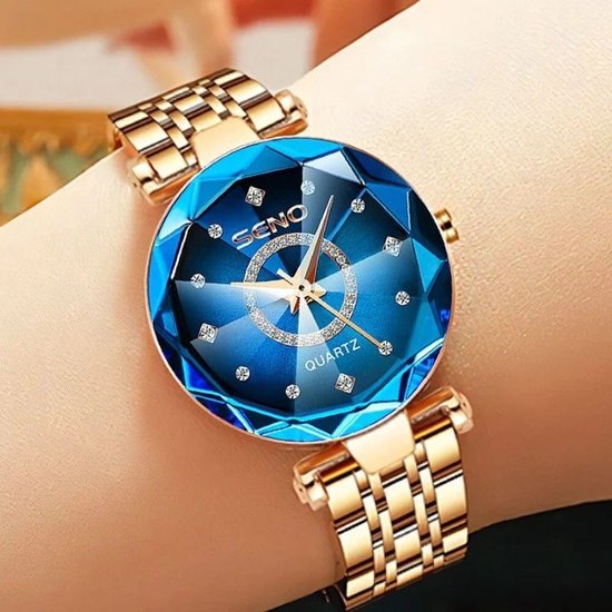 Dameshorloge – RVS – Waterdicht – Rose Goud/Blauw- Horloges voor Vrouwen- Dames Horloge- Dameshorloge – Meisjes Horloges – Goud