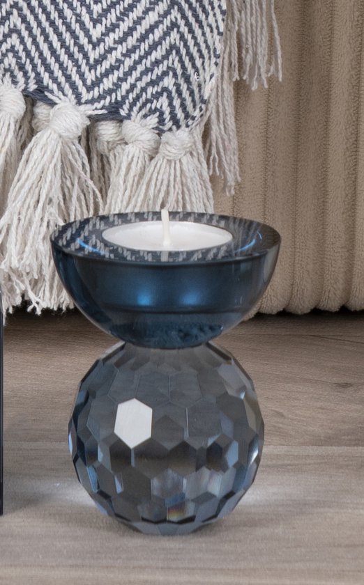 House Nordic | Burano | Kandelaar blauw glas | Diamant geslepen | Deense hoogwaardige kwaliteit | Handgemaakt | 8.5cm