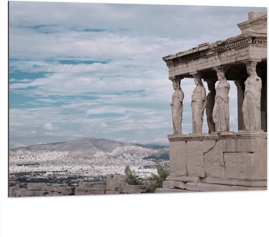 Dibond - Tempel Parthenon en Uitzicht op Berglandschap - 100x75 cm Foto op Aluminium (Met Ophangsysteem)