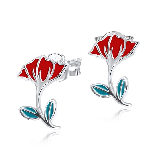 Joy|S - Zilveren Hibiscus oorbellen - rode bloem - 10 x 14 mm - oorknoppen