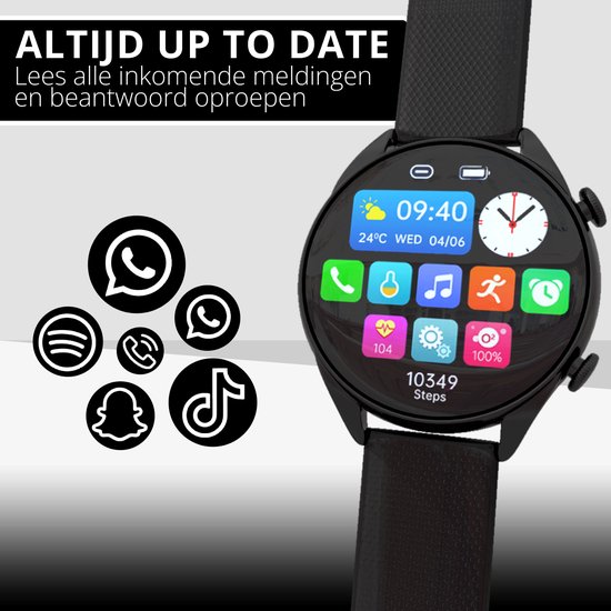 Smartwatch Heren & Dames - Zwart - iOS en Android - Smartwatches HD Touchscreen - Met Extra Zwarte Band - Techrie