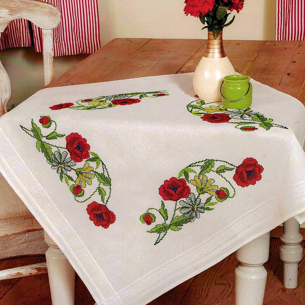 tafelkleed klaprozen kruissteek voorgetekend katoen borduurset met borduurpatroon (tafelkleed 80x80 cm)