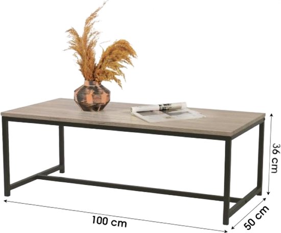 Licht houten salontafel met zwart stalen frame, afmetingen 100x50x36 cm. Een vaas met gedroogde grassen erop.